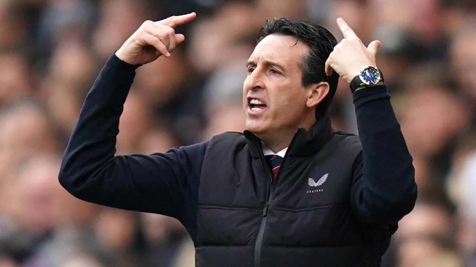 Unai Emery gesticulates angrily with both hands above his head.